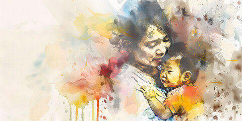Water color painting of a mother and kid hugging for mother day banner design - 782552054
