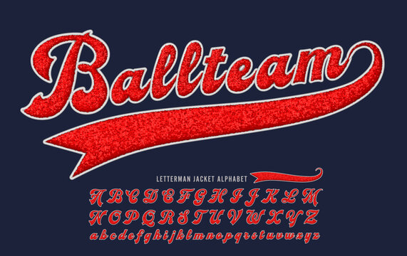 Ballteam is a script 3d effect chenille fabric alphabet in the style of wool varsity letter jackets.