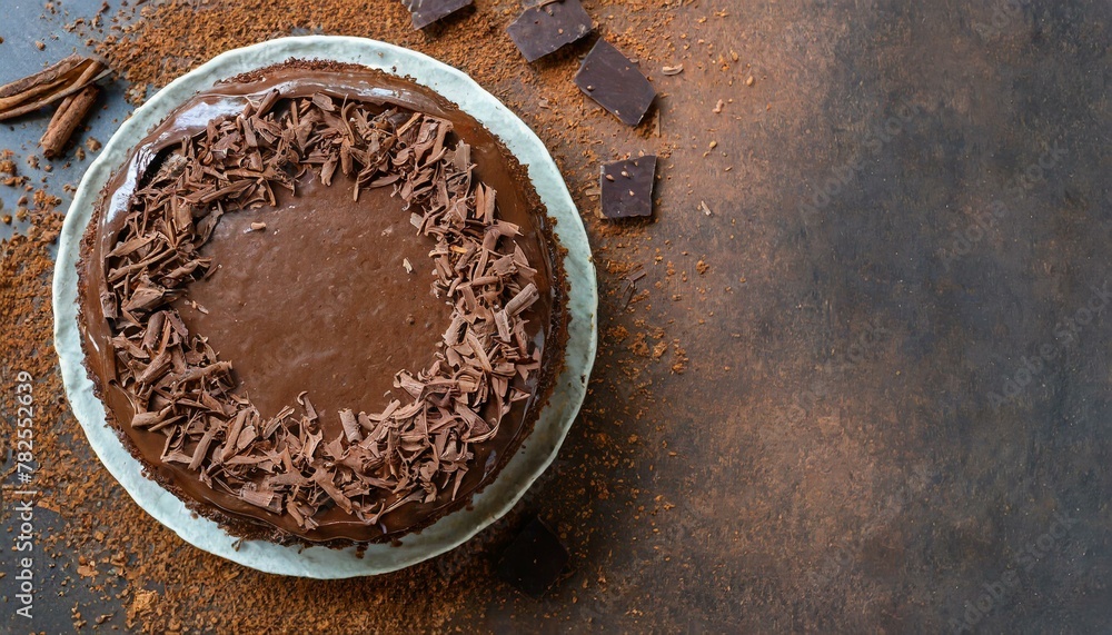 Wall mural top view of a chocolate cake with icing and chocolate shavings.