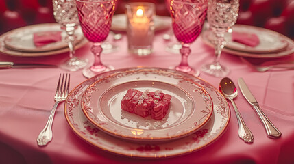 A table with a pink tablecloth and a pink plate with a dessert on it. The dessert is a small cake with a heart shape. The table is set with a fork, knife, and spoon, and there are several glasses - Powered by Adobe