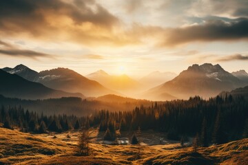 a landscape of mountains and trees - obrazy, fototapety, plakaty