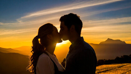 Silhouette of a couple sharing a kiss against a colorful sunset. - 782553001