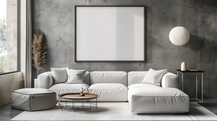 mock up poster frame in modern interior background, living room, Scandinavian style, 3D render