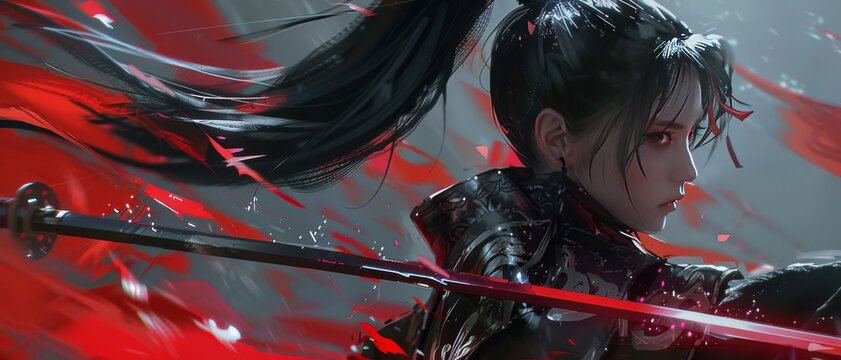 Digital art of female samurai with a katana. Mysterious futuristic female ninja kunoichi assassin.