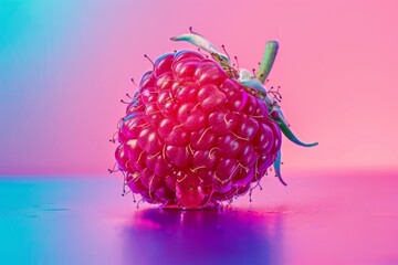 A single raspberry rests on a pink and blue surface