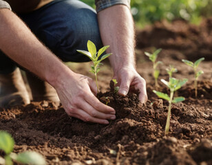 Ecology, eco-sustainability - the image shows a person planting a young tree in the ground, a symbol of hope and connection between nature and our planet