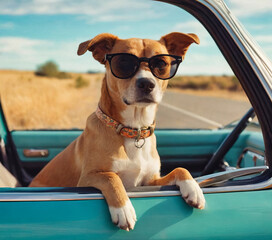 In a cheerful and carefree atmosphere, a very cute dog with sunglasses in a convertible car and ready for summer vacation
