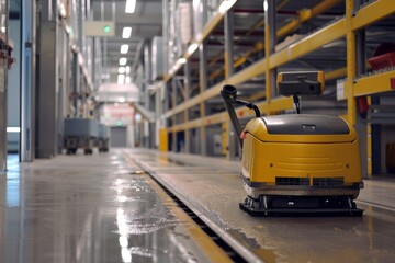 Yellow autonomous robot for cleaning commercial warehouses and business facilities