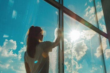 Young woman cleaning large window on bright sunny day with blue sky in background