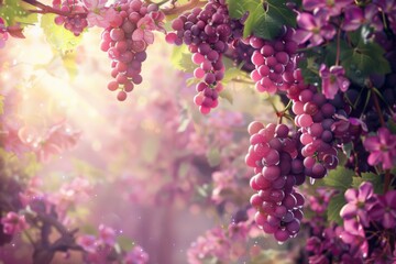 Purple grapes dangling from a flowering plant vine