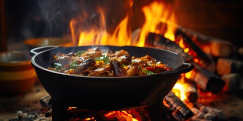 Pot with preparing dinner hangs over the fire with bright flame, concept of Roasting