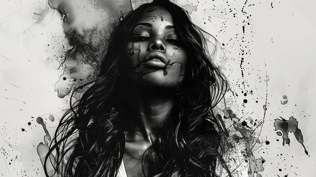 Monochrome illustration of black woman with watercolor paint splashes on white background. Domestic violence or physical abuse concept