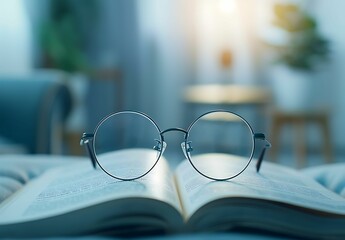 A pair of glasses resting on an open book, symbolizing the connection between reading and vision health - Powered by Adobe
