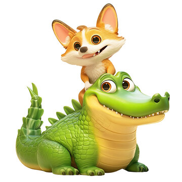 A playful puppy is seen riding on the back of a colorful cartoon crocodile against a transparent background.