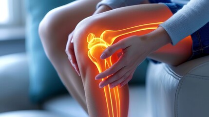 There is bone pain in the knee area, as evidenced by the girl's hand holding it. - obrazy, fototapety, plakaty