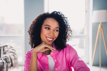 Photo of pretty young girl wondered think entrepreneur businesswoman wear trendy pink outfit modern...