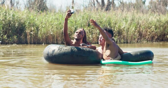 Video, lake and friends with live streaming, excited and online content creation in nature. Fun, digital and young people with river swimming in Mexico with phone and spring break of students