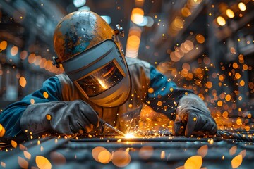 Expert Welder at Work Amidst a Spark Show. Concept Welding Techniques, Industrial Safety, Metal Fabrication, Protective Gear, Welding Processes - obrazy, fototapety, plakaty