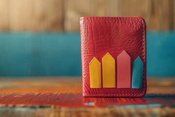 Cute wallet with fluctuating arrows, clear, minimalist background, financial stability and volatility
