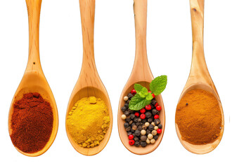 Spices ground. Spice in Wooden spoon. Herbs. Curry, Saffron, turmeric, cinnamon and other isolated on a Transparent background, isolated image,  top view