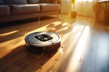 Robotic vacuum cleaner cleaning a wooden floor in the living room in sunlight. Smart cleaning technology. Robot vacuum cleaner in the modern home