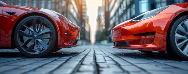 Electric car and gasoline car side by side, space for text, the transition in automotive technology - obrazy, fototapety, plakaty