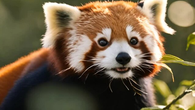 Red panda (Ailurus fulgens) climbing a tree, cute animal in vegetation