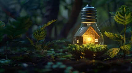 Eco friendly house in a bulb with a forest setting