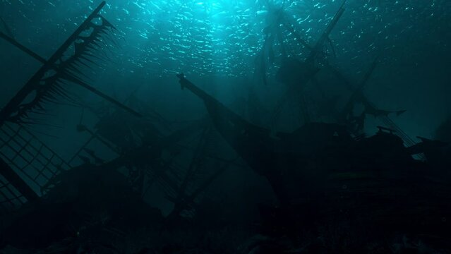 Pirates Shipwrecks Galleons sunken in the Ocean - Loop Underwater Seascape Background V2