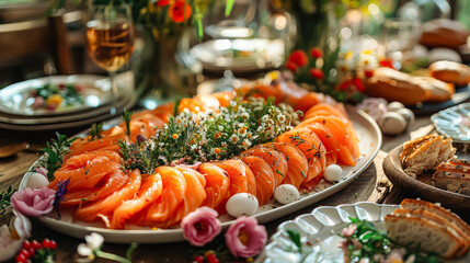 A large white plate of food with a variety of items including salmon, tomatoes, and bread. The table is set with wine glasses, cups, and bowls. Scene is inviting and celebratory
