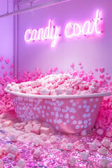 A bathtub filled with sweets with the text 'candy coat'. Minimal creative food, party, and interior concept