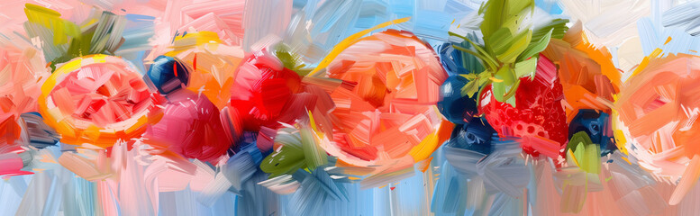 Citrus Zest and Strawberry Bliss: A Lively Impressionist Fruit Painting on a Cool Hued Canvas - obrazy, fototapety, plakaty