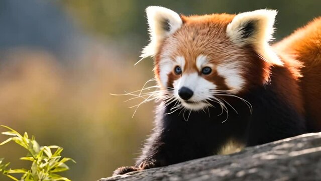 Red panda (Ailurus fulgens) climbing a tree, cute animal in vegetation