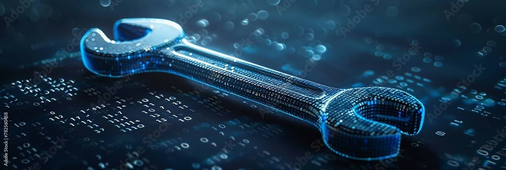 Poster blue digital wrench spanner with glowing binary code, ai in maintenance management systems, predicti
