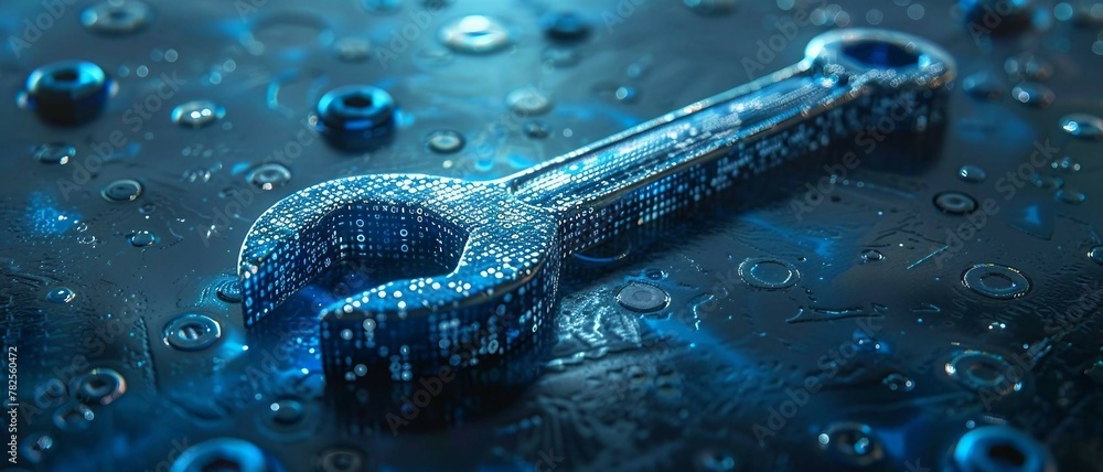 Poster blue digital wrench spanner with glowing binary code, ai in maintenance management systems, predicti