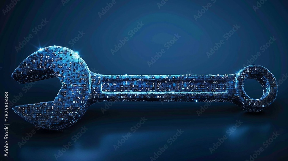 Poster blue digital wrench spanner with glowing binary code, ai in maintenance management systems, predicti