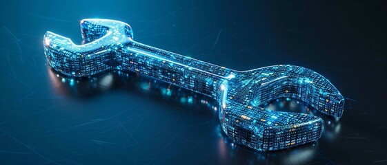 blue digital wrench  spanner with glowing binary code, AI  in  maintenance management systems, predictive maintenance algorithms, equipment diagnostics, and remote repair assistance.
