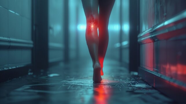An illustration about a human leg injury with a red signal at the knee area.