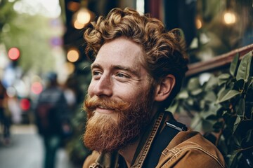 Portrait of a handsome young redhead man with beard and mustache