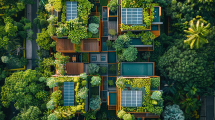 Aerial shot of modern eco-friendly architecture with solar panels among lush greenery.