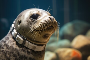 a seal with a collar - obrazy, fototapety, plakaty