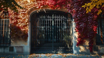 Large iron double-leaf door, gates on facade of modern building with urban gardening elements on...
