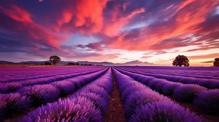Fotobehang a field of lavender with a pink sky and clouds © Xanthius