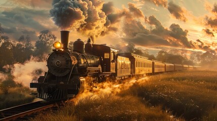 Fototapeta na wymiar Golden Hour Glow: Capture the vintage train chugging through a countryside bathed in golden hour light, with the warm hues enhancing the nostalgic feel. Generative AI