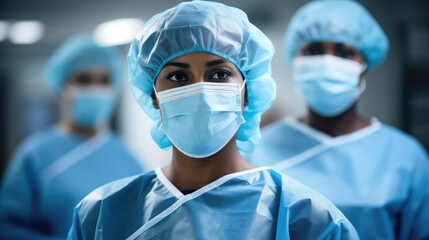 a group of people wearing surgical scrubs and face masks - obrazy, fototapety, plakaty