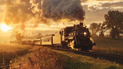 Fototapeta na wymiar Golden Hour Glow: Capture the vintage train chugging through a countryside bathed in golden hour light, with the warm hues enhancing the nostalgic feel. Generative AI