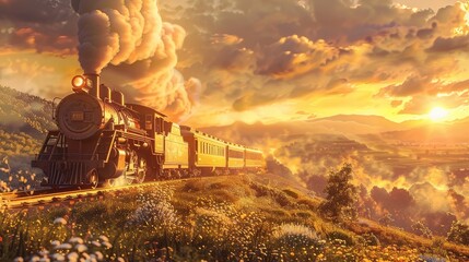 Golden Hour Glow: Capture the vintage train chugging through a countryside bathed in golden hour light, with the warm hues enhancing the nostalgic feel. Generative AI - obrazy, fototapety, plakaty