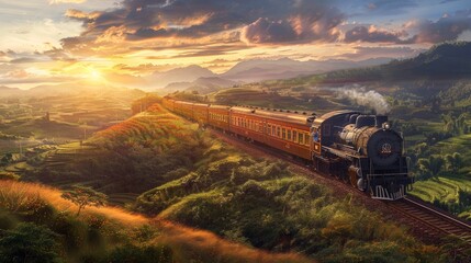 Panoramic View: Take a panoramic shot of the entire scene, showcasing the expansive countryside, the vintage train in motion, and passengers enjoying the scenic views. Generative AI - obrazy, fototapety, plakaty