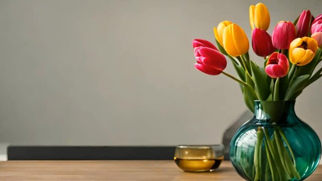 A vibrant and lovely bunch of pink tulips arranged in a glass vase sits on a table. Charming floral decoration, copy space 