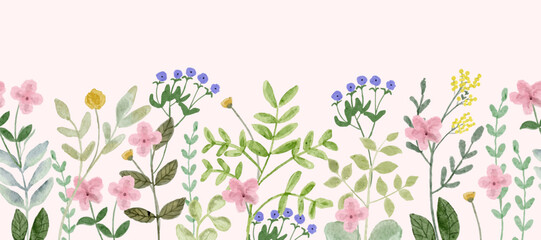 cute wildflower garden watercolor seamless border - obrazy, fototapety, plakaty